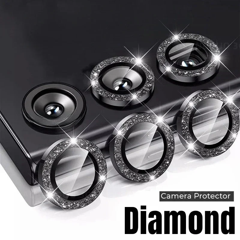 Tempered Glass Screen 9H - Glanzende diamant metalen ring camera lens