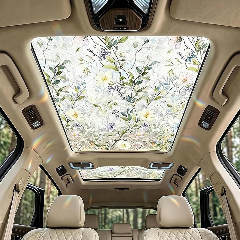 Glass Protector Auto - Bloemenmotief glas-in-lood auto zonnedak statische clingfolie